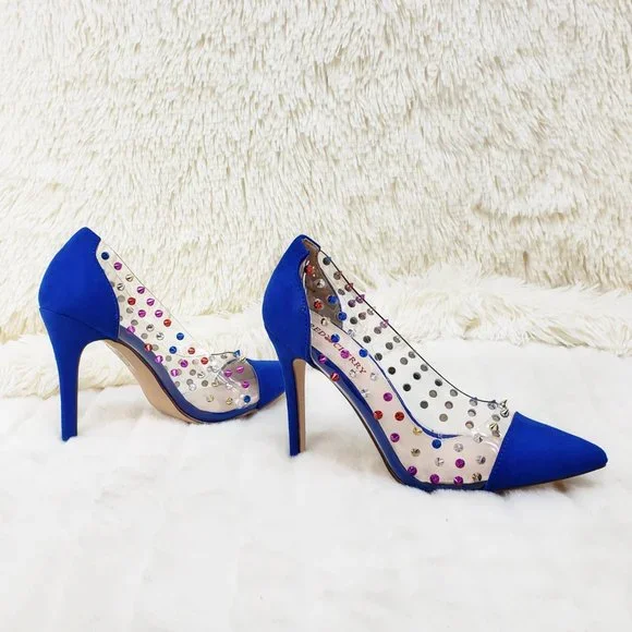 Gigi 09 Blue Multi Color Spiked Stiletto High Heel Shoes Pumps - Picture 4 of 9